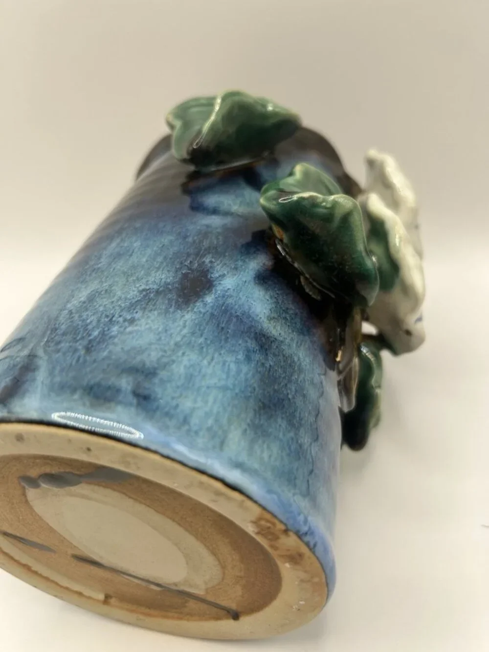 Handmade Studio Pottery Vase Blue Drip Glaze Floral Applied Art Vase Majolica￼